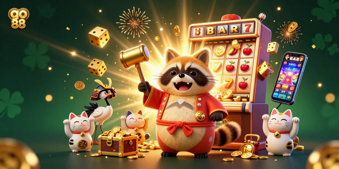 Exciting illustration depicting go 88 as a lively raccoon and samurai crane amidst vibrant slots and gold coins.