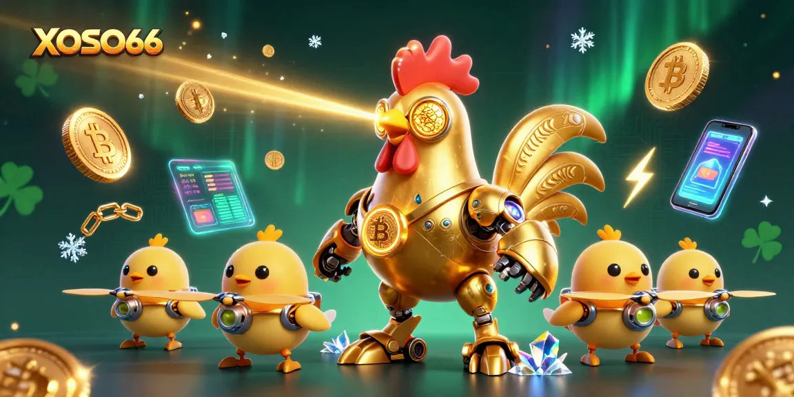 XOSO66 reveals an energetic scene with a golden robotic rooster and baby chick drones celebrating cryptocurrency