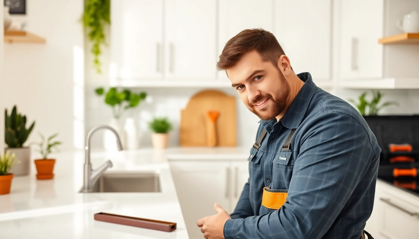 Plumber near me fixing a leak in a modern kitchen with tools nearby.