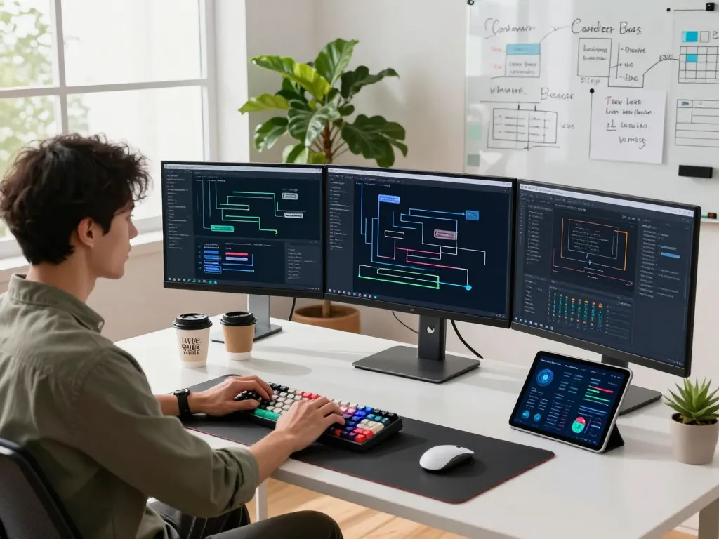 Professional automation development workspace illustrating AI development with flow diagrams and analytics.