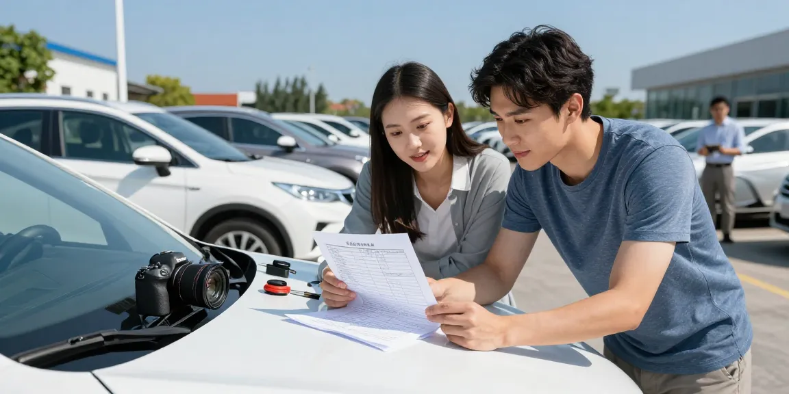 Young couple checking a used car's history with a reg check UK report during daylight at a dealership.