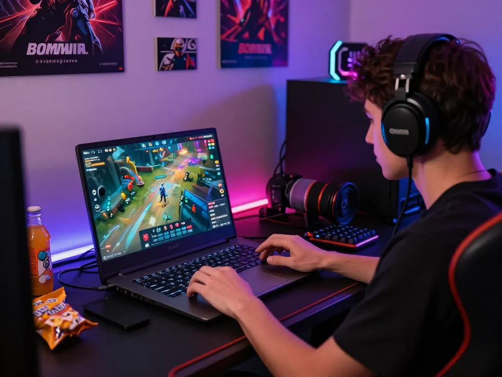 Engaging bomwin online gaming platform scene with user playing on laptop.