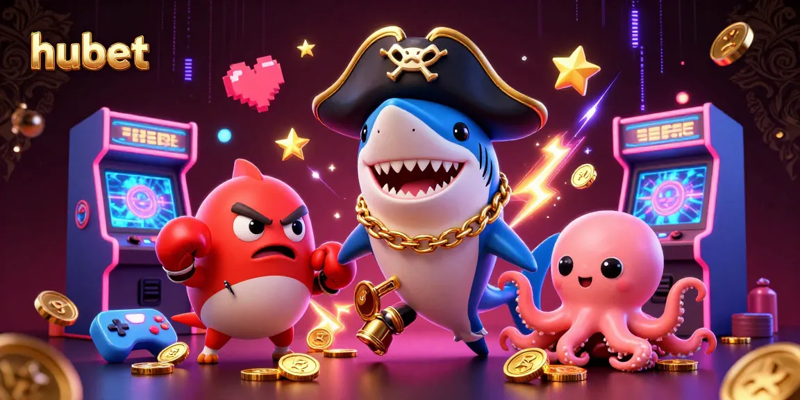 Engage with Hubet's dynamic gaming adventure featuring a pirate shark, pufferfish, and octopus surrounded by vibrant casino elements.