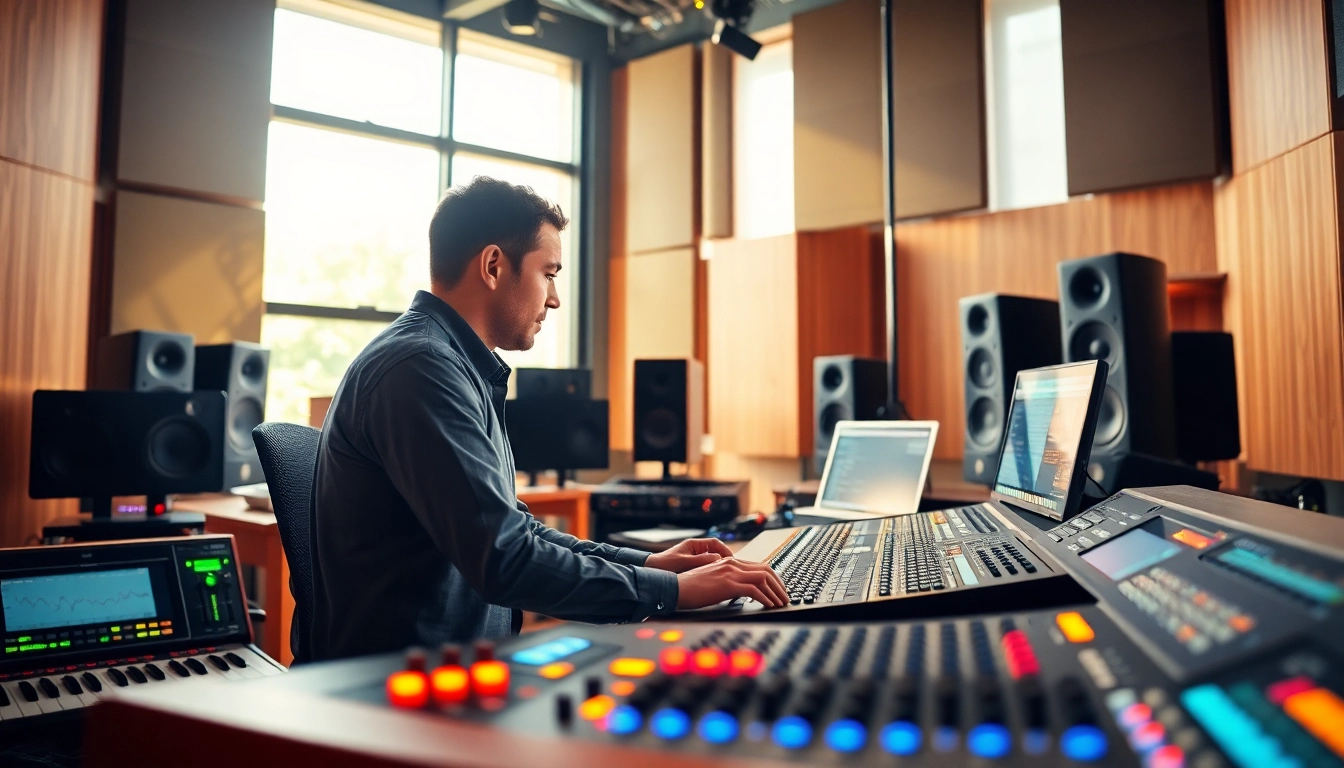 Enhance your music with online mastering services, featuring a professional sound engineer in a vibrant studio.