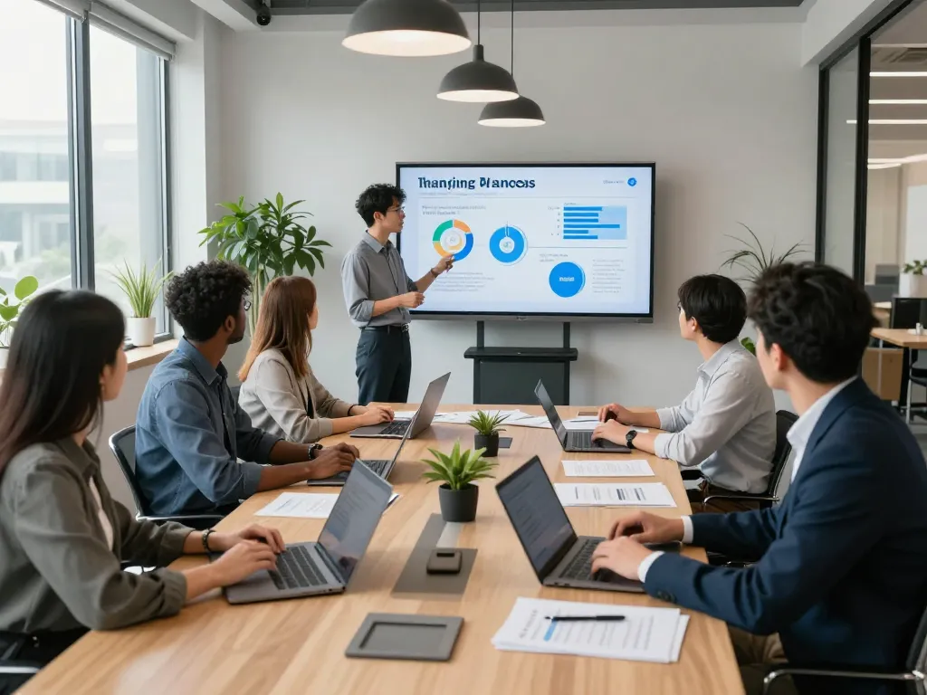 Engaged team brainstorming about staffing agencies' strategies in a modern office conference room.