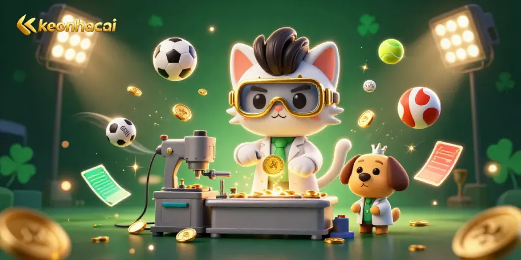 Engage in thrilling sports betting on keonhacai with dynamic illustrations of mad scientist cat and loyal dog, showcasing vibrant game elements.