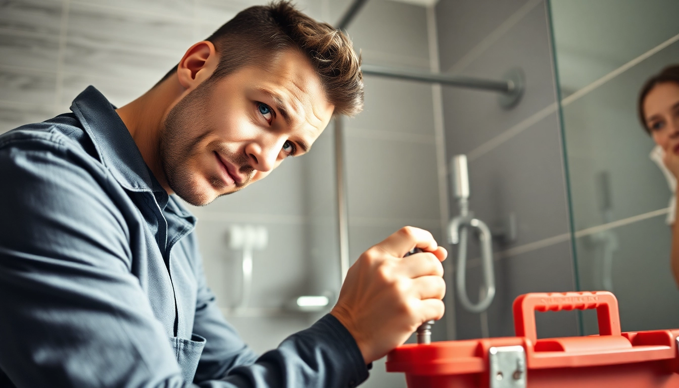 Plumber near me repairing a bathroom pipe in a modern setting with a focused expression.