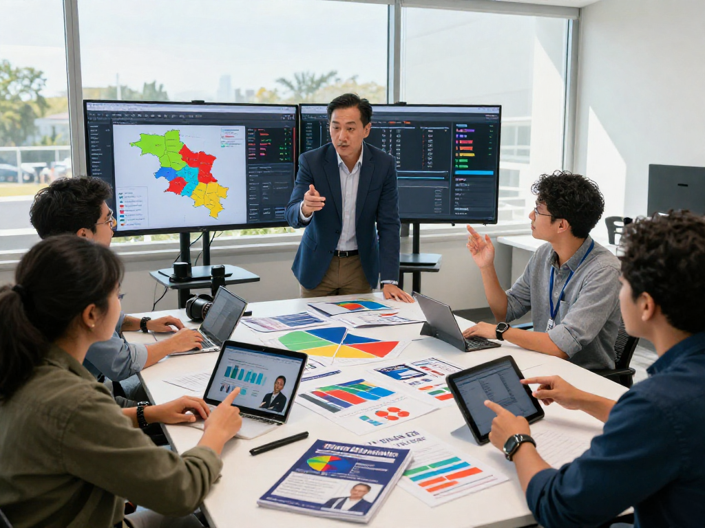 Strategist analyzing down ballot campaign marketing data in a modern office.