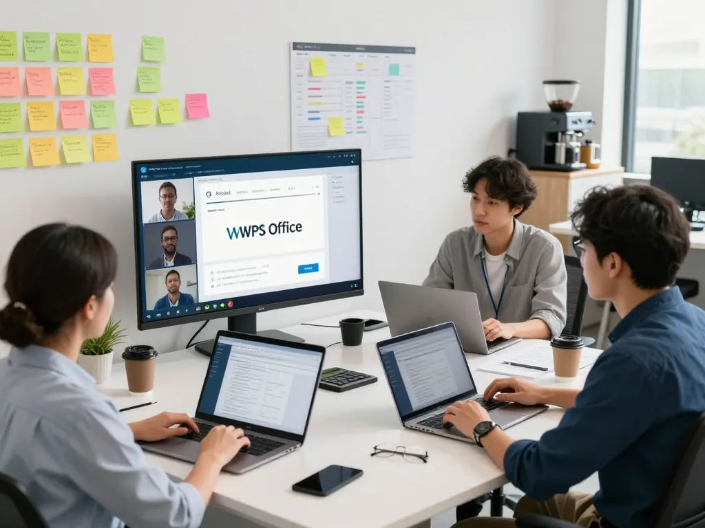 Team collaborating using WPS官网 in a modern office setting, showcasing productivity and teamwork.