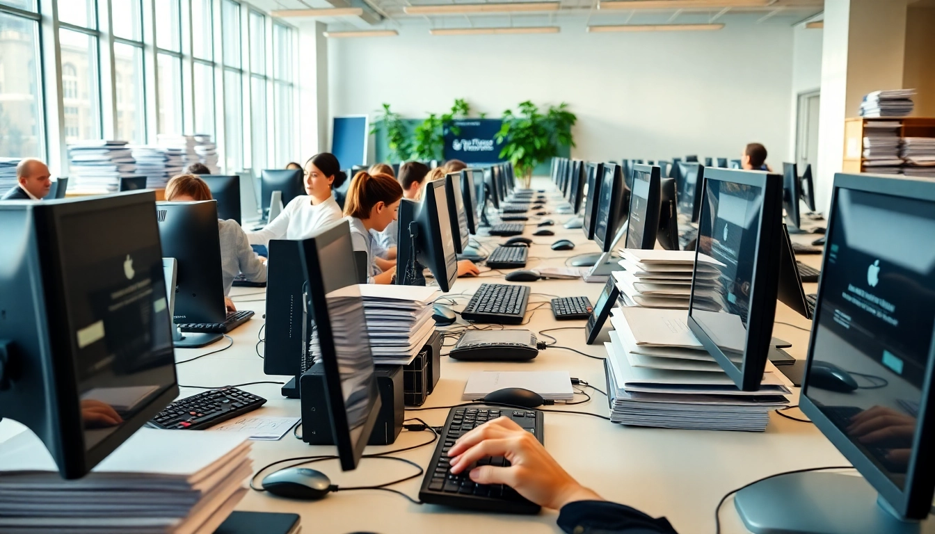 Efficient environment at a Typing Center showcasing busy typists and a modern workspace.