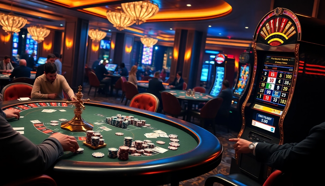 Find excitement at https://kong88.win with players enjoying poker, roulette, and slots in a luxury casino setting.