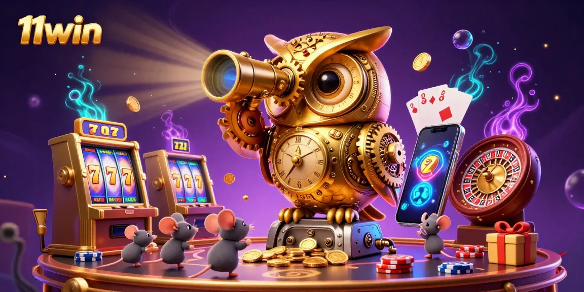 Engage with 11win's colorful slot games while a clockwork owl watches over a magical casino space.