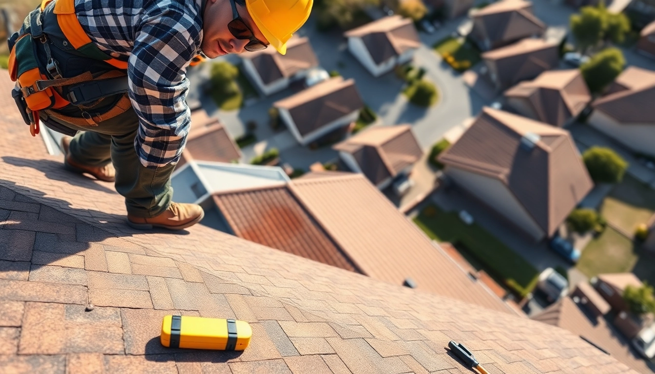 Roofing contractor inspecting a residential roof with tools and safety gear.
