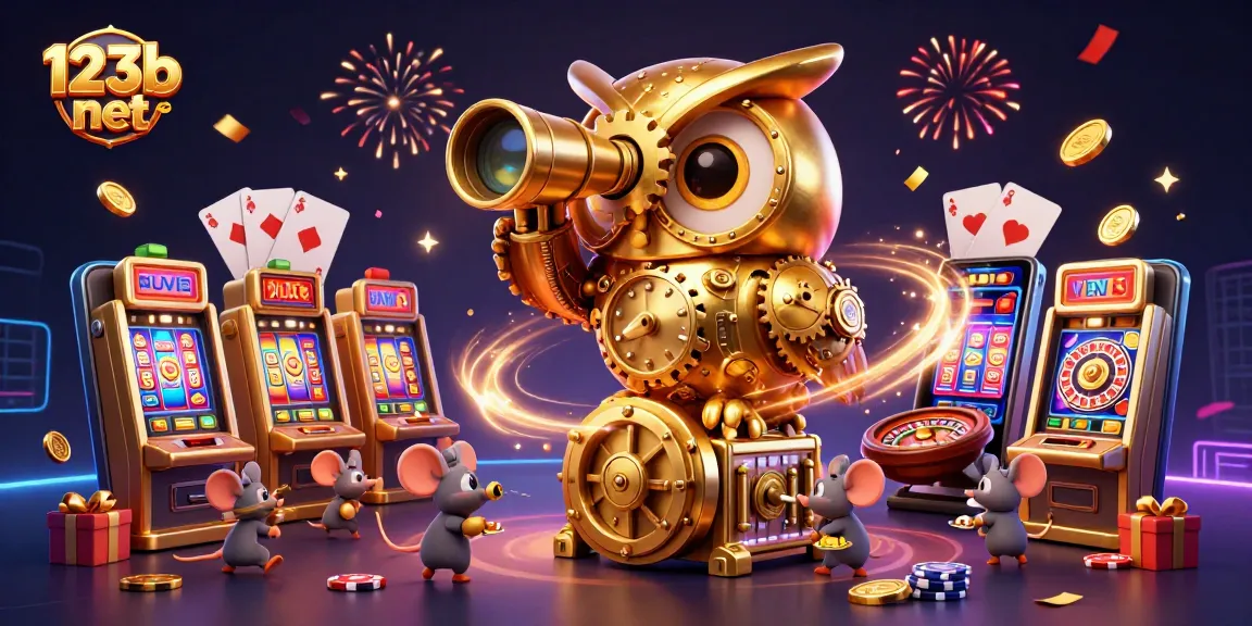 Engage with 123b net's casino excitement featuring a clockwork owl, slot games, and festive elements.