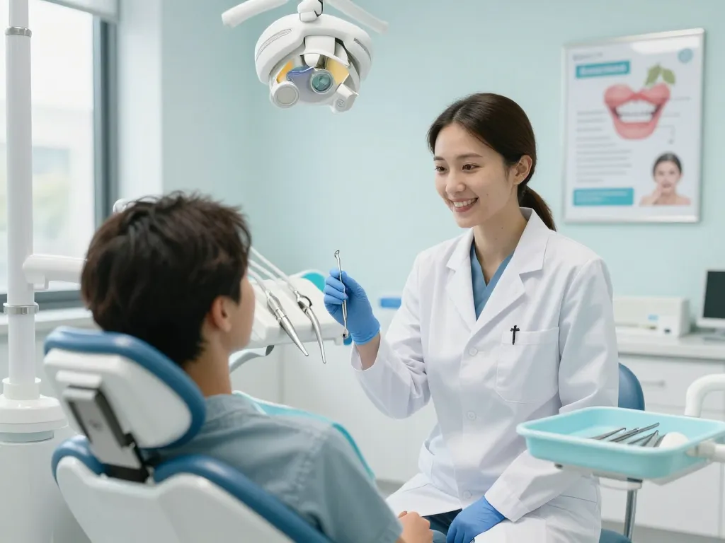 Dentist tips for oral health in a friendly dental clinic with a dentist and patient.
