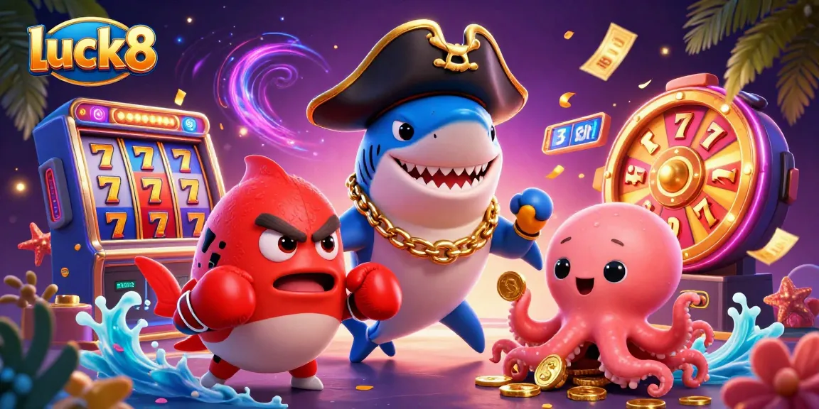 Engage in thrilling gaming adventures at luck8 with colorful slot reels and friendly cartoon characters.