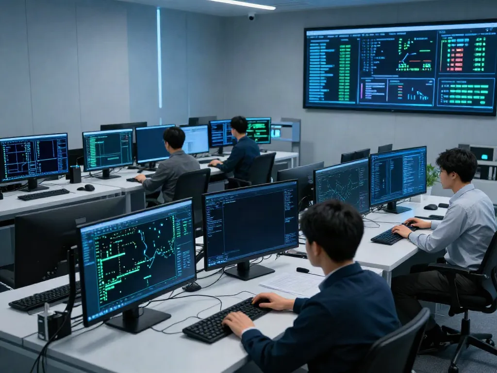 Network VAPT services in a high-tech cybersecurity command center with advanced monitoring tools.