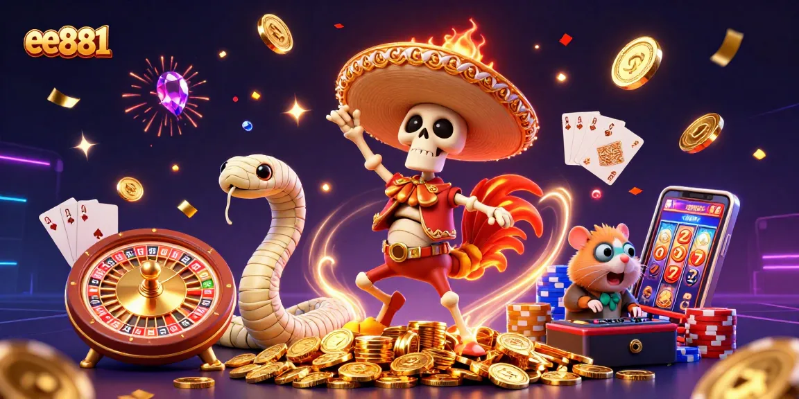 Experience excitement at ee881 with lively 3D characters and casino-themed elements bursting with energy.