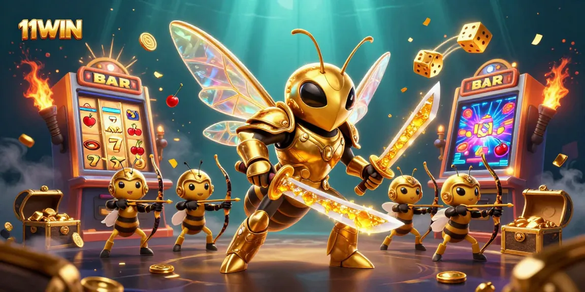 Experience thrilling gameplay at 11WIN Casino with vibrant, dynamic 3D illustrations showcasing fun slot machines and engaging gaming elements.