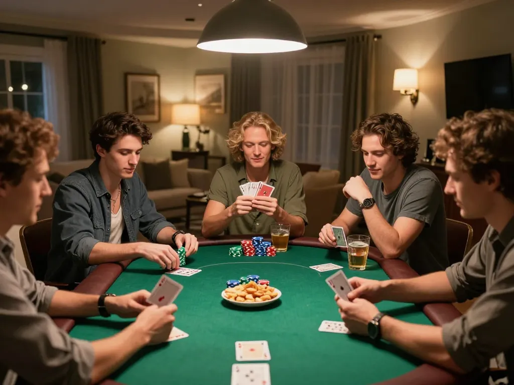 Engaged friends playing poker at home, highlighting fun gaming moments on https://lc88.it.com/ with cozy lighting and competitive spirit.