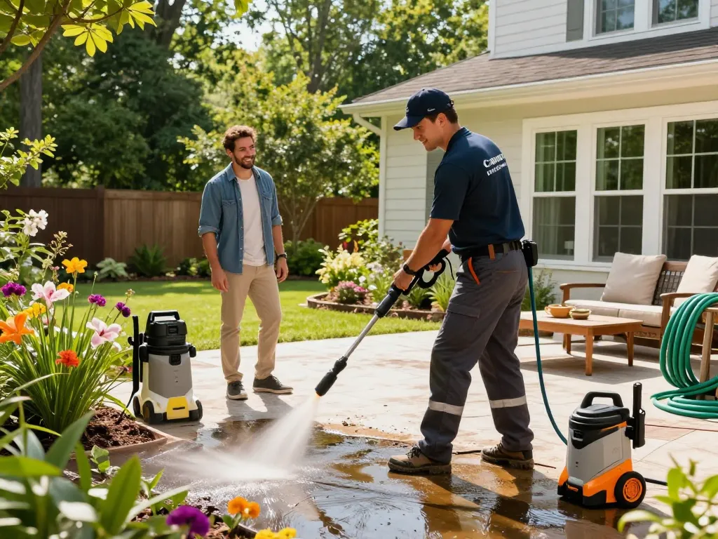 Enjoying professional pressure washing services Atlanta, a technician revitalizes a residential patio in a sunlit backyard.
