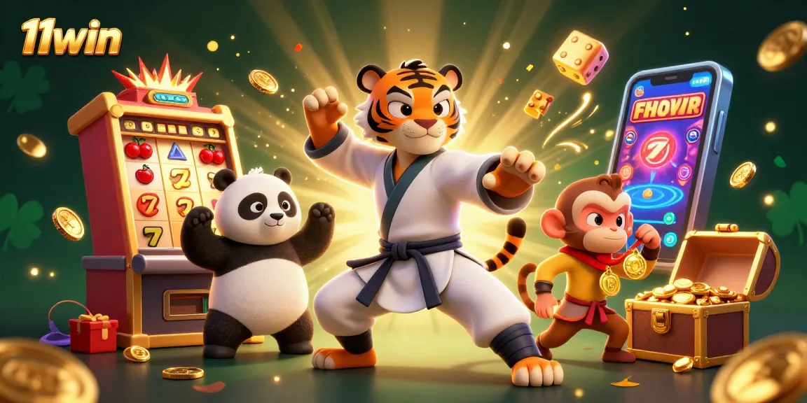 Win big with 11win as the kung fu tiger and friends celebrate among jackpots and casino games.