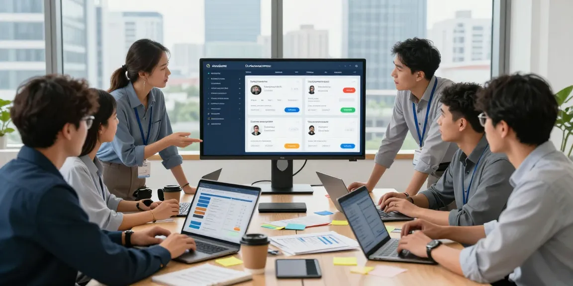Service managers collaborating using on-demand service booking software in a modern office, emphasizing efficiency and teamwork.