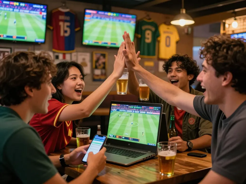 Suasana menarik judi bola resmi di bar yang ramai, merayakan kemenangan bersama teman-teman.