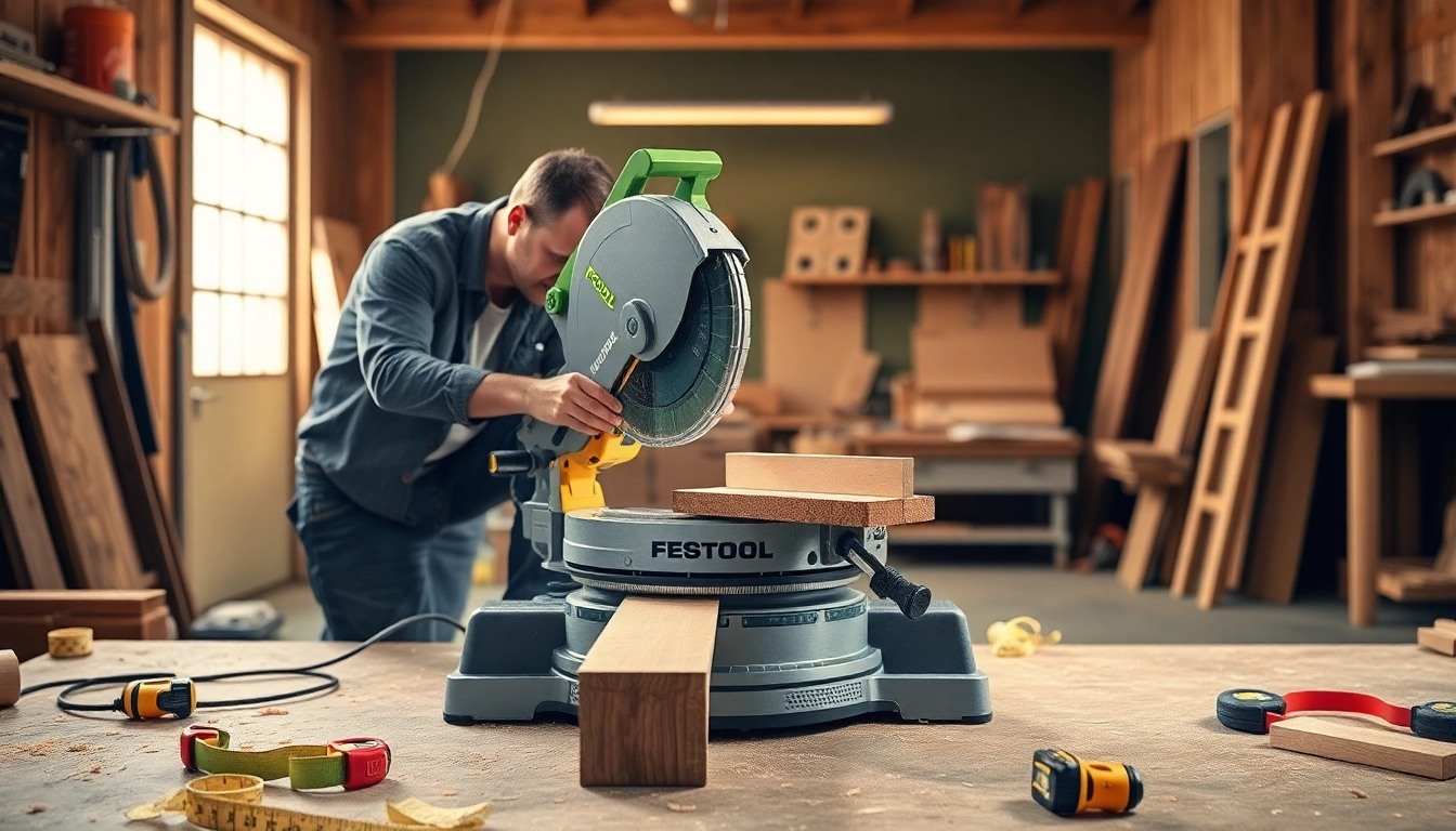 Crafting with the Festool compound miter saw for precise cuts in wood.