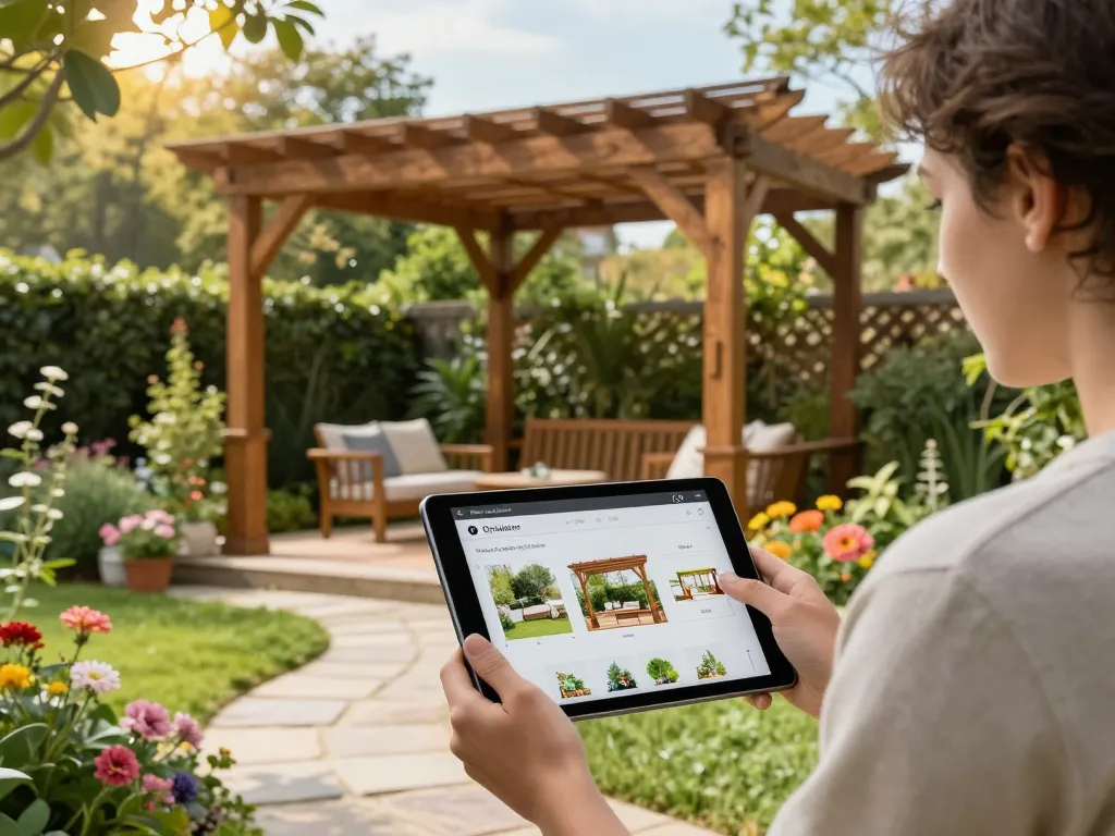 Homeowner using a 3D pergola configurator for customizable outdoor design amidst a lush garden.