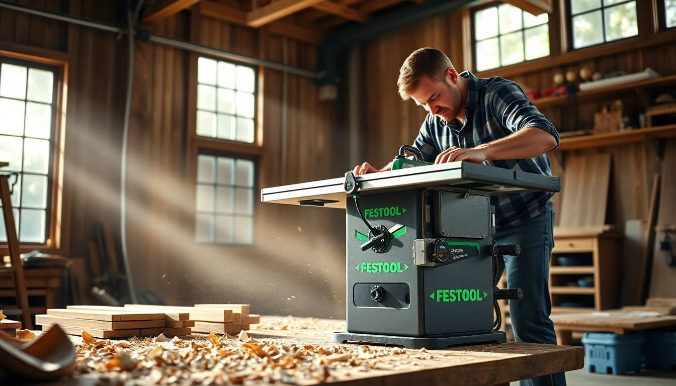 Crafting precision cuts with a festool table saw in a well-lit workshop.