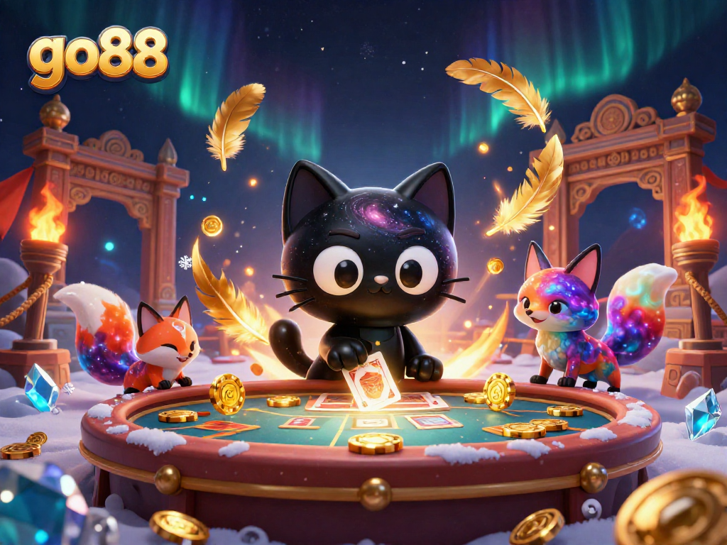 Win big with go88 at a cosmic casino, featuring cartoon black hole cat and nebula fox.