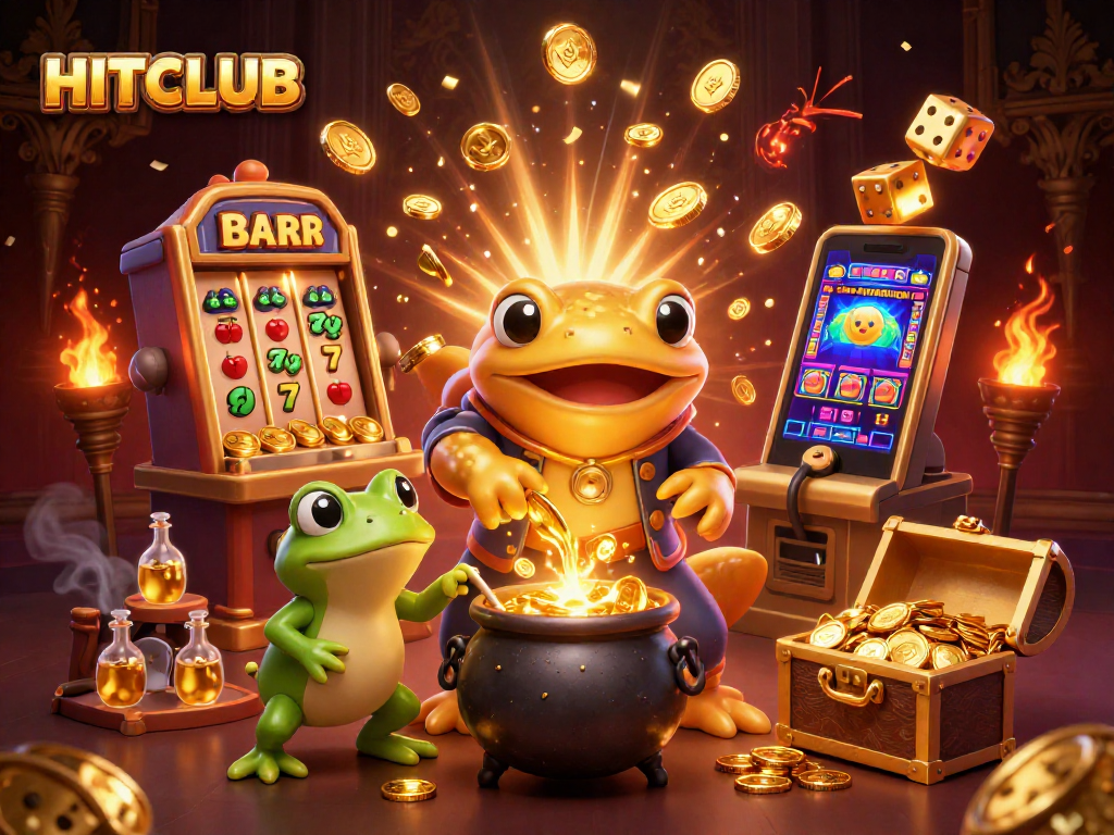 Engage with HITCLUB's thrilling casino games, featuring a vibrant 3D scene with golden elements.