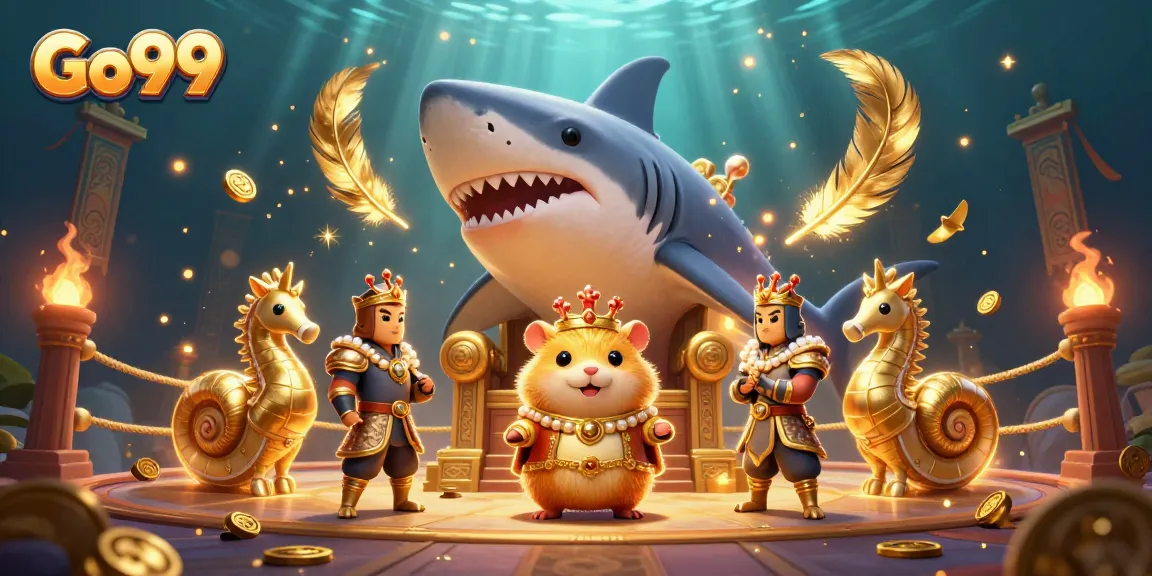 Go99 Casino theme featuring a golden hamster king on a megalodon throne in a vibrant gaming arena