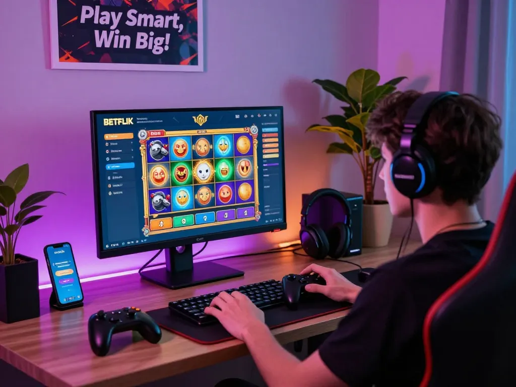 Player enjoying betflix online slots in vibrant gaming setup with colorful graphics and accessories.