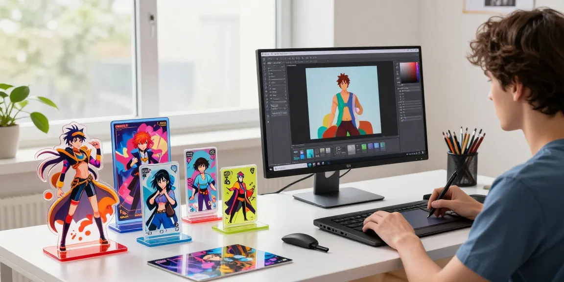 Custom acrylic stand showcasing vibrant designs in a creative workspace.