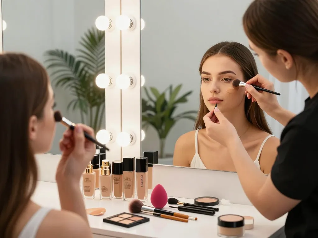 Applying the best foundation for oily skin in a bright studio during a makeup session.