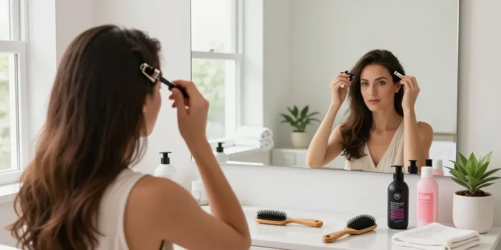 Woman applying scalp hair fill-ins clip ins at a bright vanity, showcasing beauty tools and a modern bathroom ambiance.