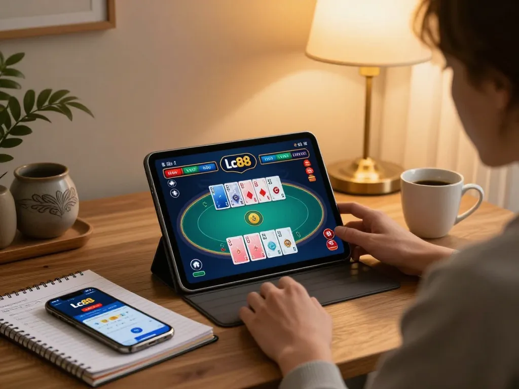 Engaging in Lc88 vin online poker gameplay with a tablet in a cozy setting, showcasing strategic elements.
