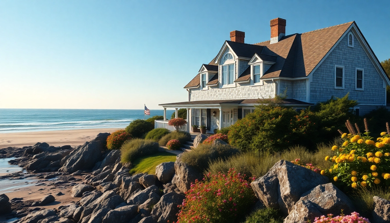 A picturesque view of cape cod homes by the beach, highlighting traditional architecture and vibrant nature.