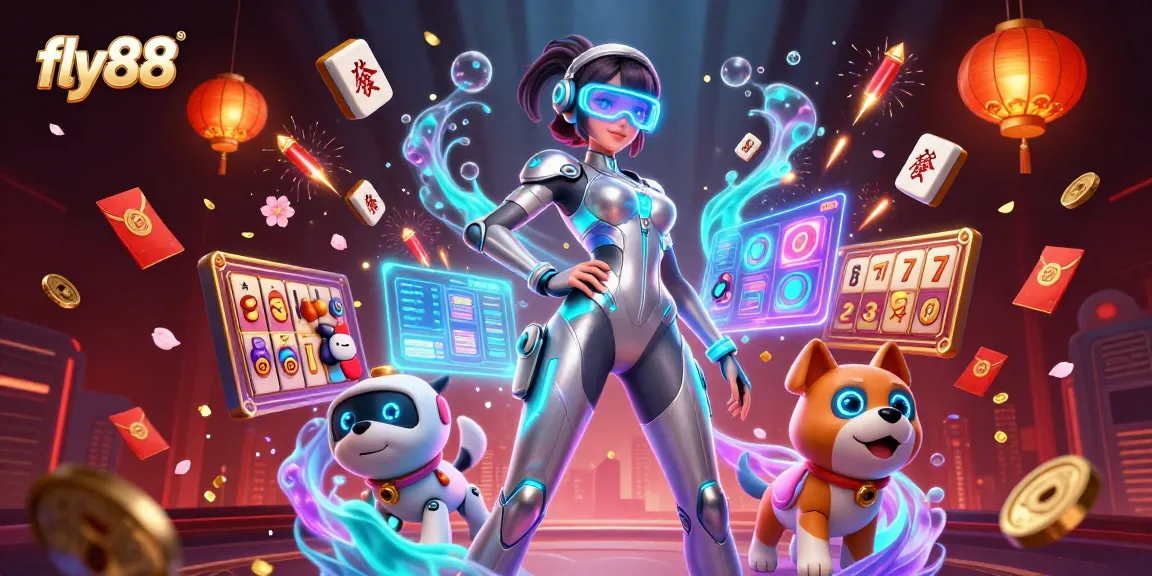 Engage with fly88 at this vibrant casino scene featuring holographic elements and dynamic gaming symbols.