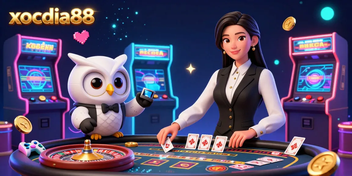 xocdia88 showcases a vibrant online casino scene featuring an elegant dealer and an owl assistant, encapsulating the thrilling essence of gaming.