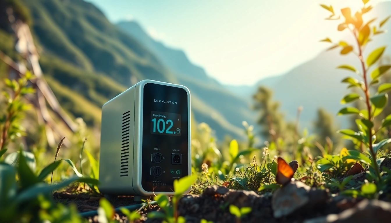 EcoFlow power station displayed in a green outdoor setting, highlighting its renewable energy features.