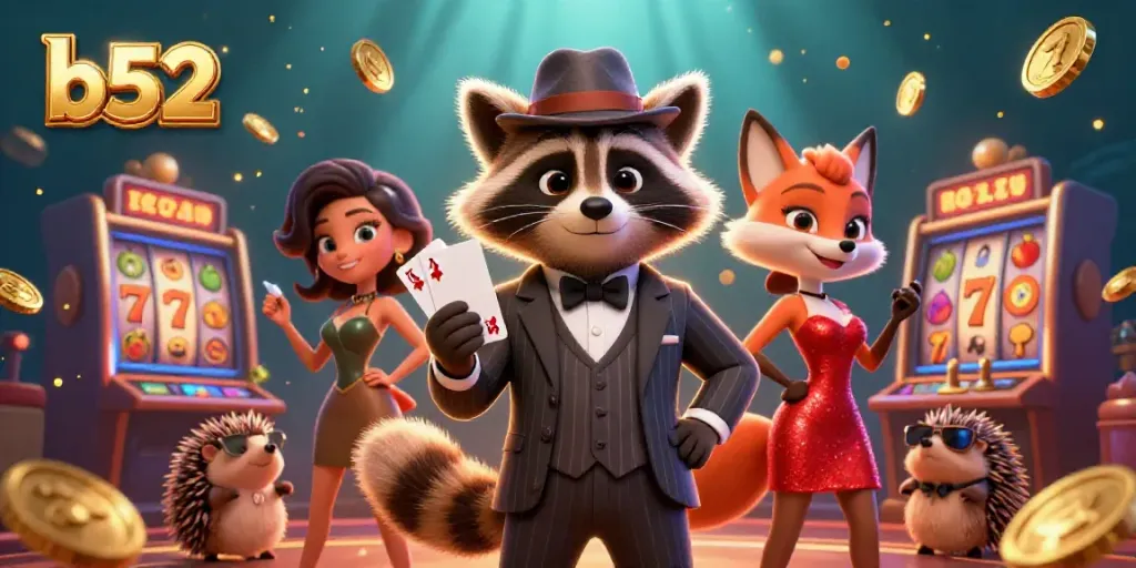 Experience thrilling slots at b52, featuring a raccoon with a royal flush and captivating casino ambiance.