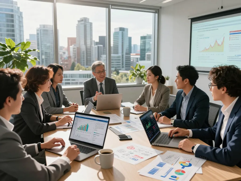 Professional meeting in a financial consulting office highlighting a global investment group collaborating on strategic insights.