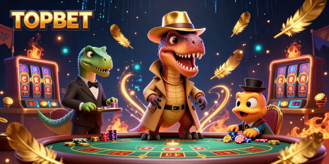 Experience the excitement at TOPBET’s vibrant casino featuring a cartoon velociraptor card counter.