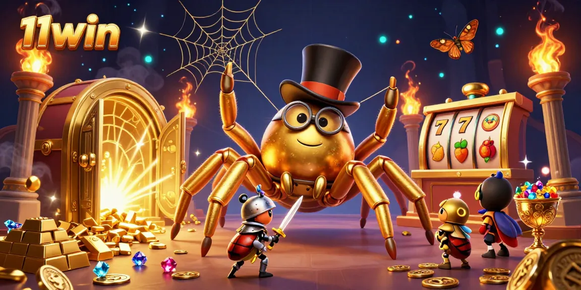 Immerse in the exciting world of 11win with a golden tarantula, a brave beetle knight, and dynamic casino elements.