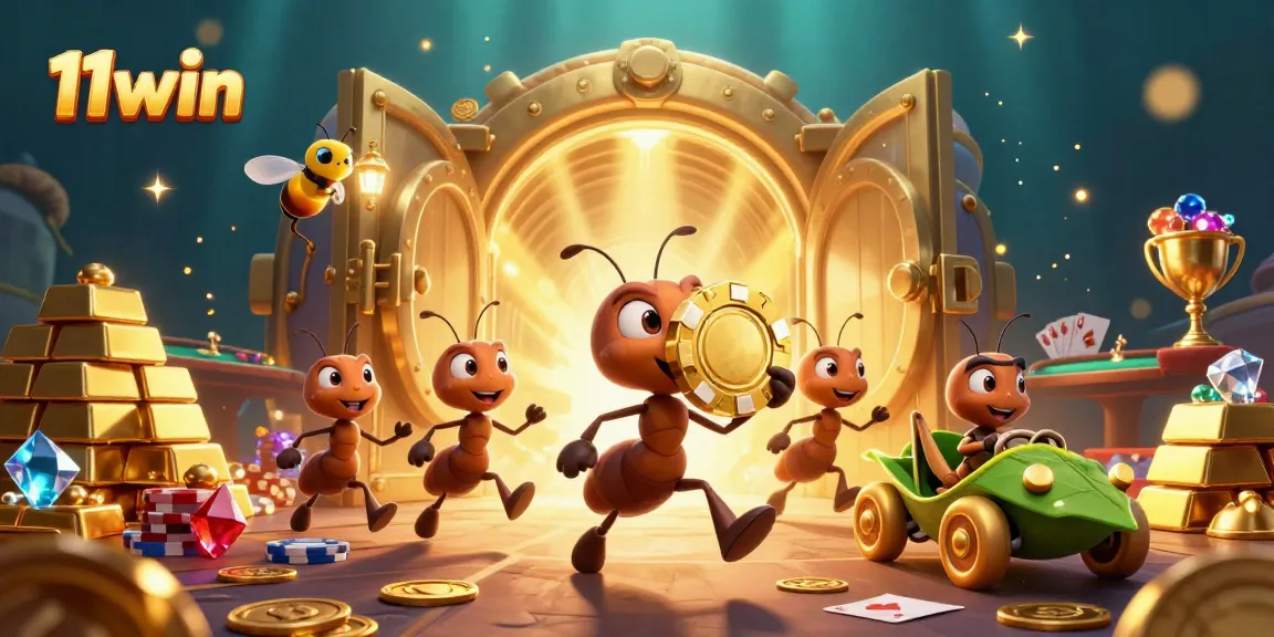 Join the 11win heist with animated ants stealing a massive poker chip amid treasures and casino elements.