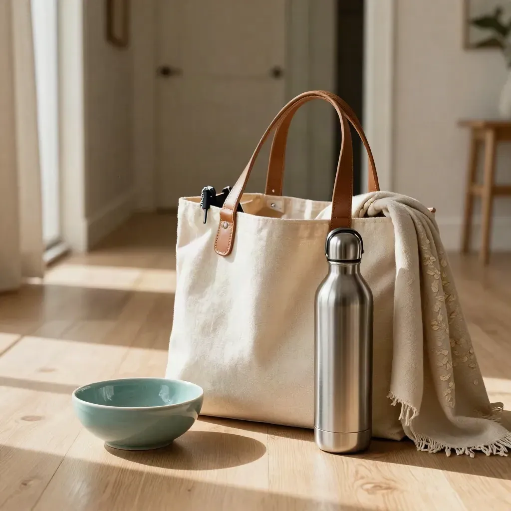 Open tote packed with journal, charger, bottle, scarf and key bowl by a doorway in warm sunlight.