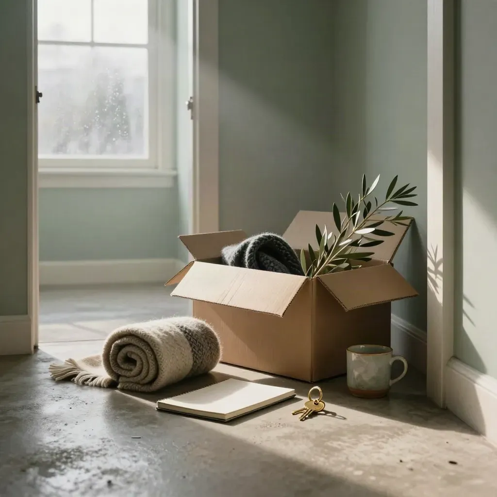 Open moving box with throw, notebook, mug, keys, and olive branch in a dawn hallway